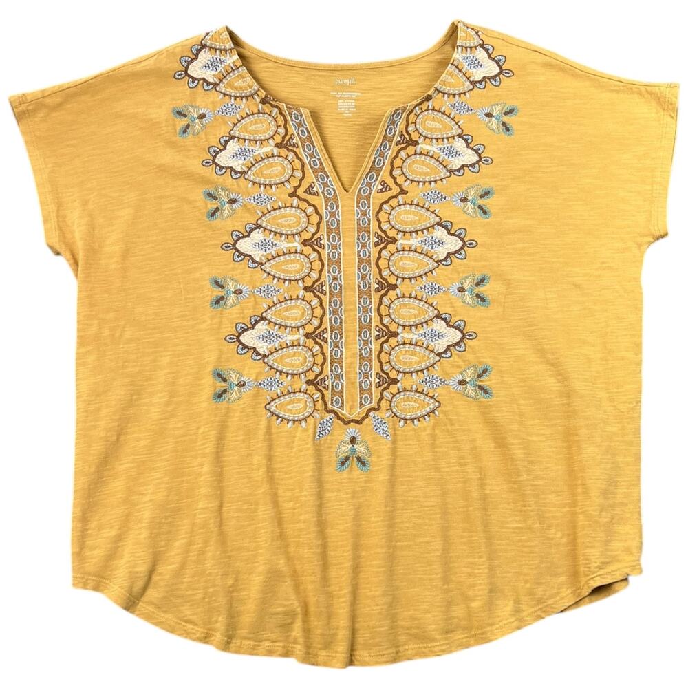 Pure Jill Embroidered Cap Sleeve Tee Boho Top Mustard Yellow Cotton XL Petite